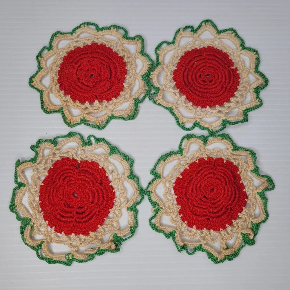 Collectible Handmade Crocheted Red, Green & Beige Rose Floral‎ 4